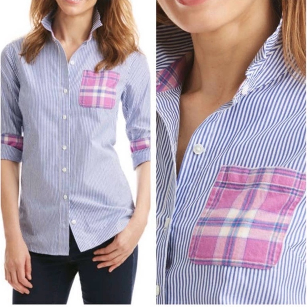 Striped Button-Up Shirt with Pink Plaid Pocket